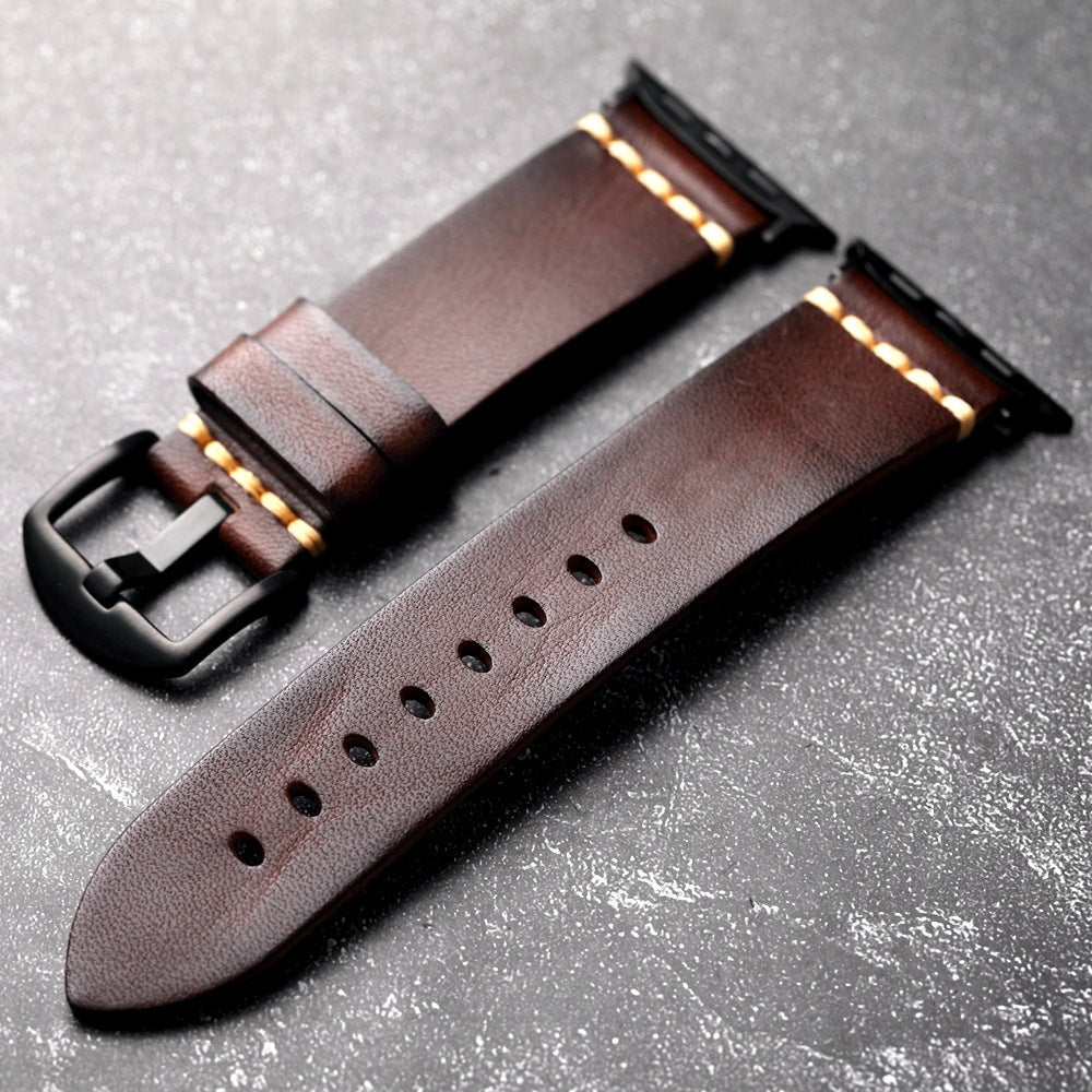 Cinturino in pelle per Apple Watch, Marin pieno fiore, cucito a mano con filo Tiger