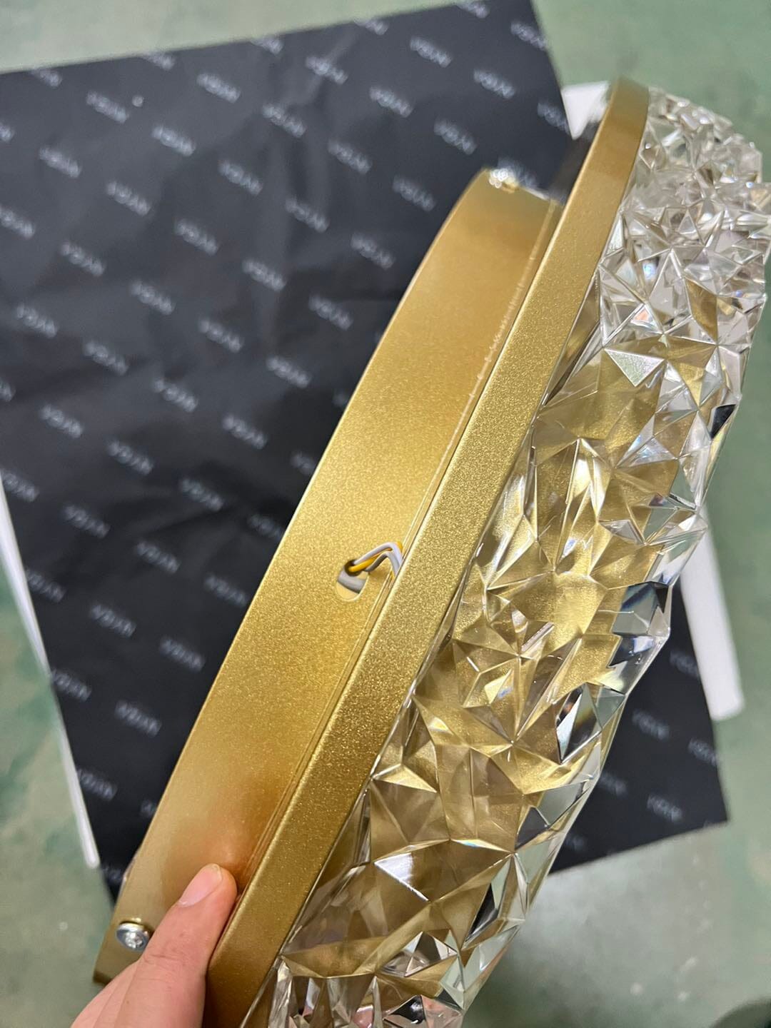 Lampadario rotondo in cristallo Marlow, lampada da soffitto color oro