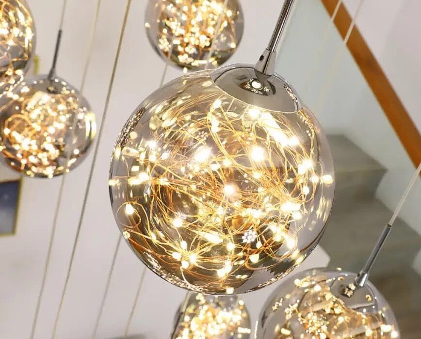 LuminaOrb Staircase Chandelier With Glass Orb Cluster, Warm LED Glow