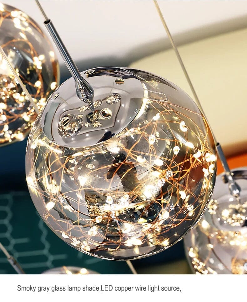 LuminaOrb Staircase Chandelier With Glass Orb Cluster, Warm LED Glow