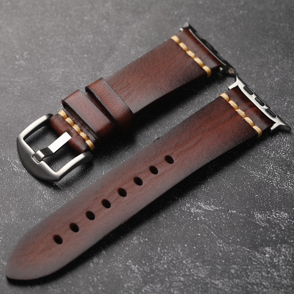 Cinturino in pelle per Apple Watch, Marin pieno fiore, cucito a mano con filo Tiger