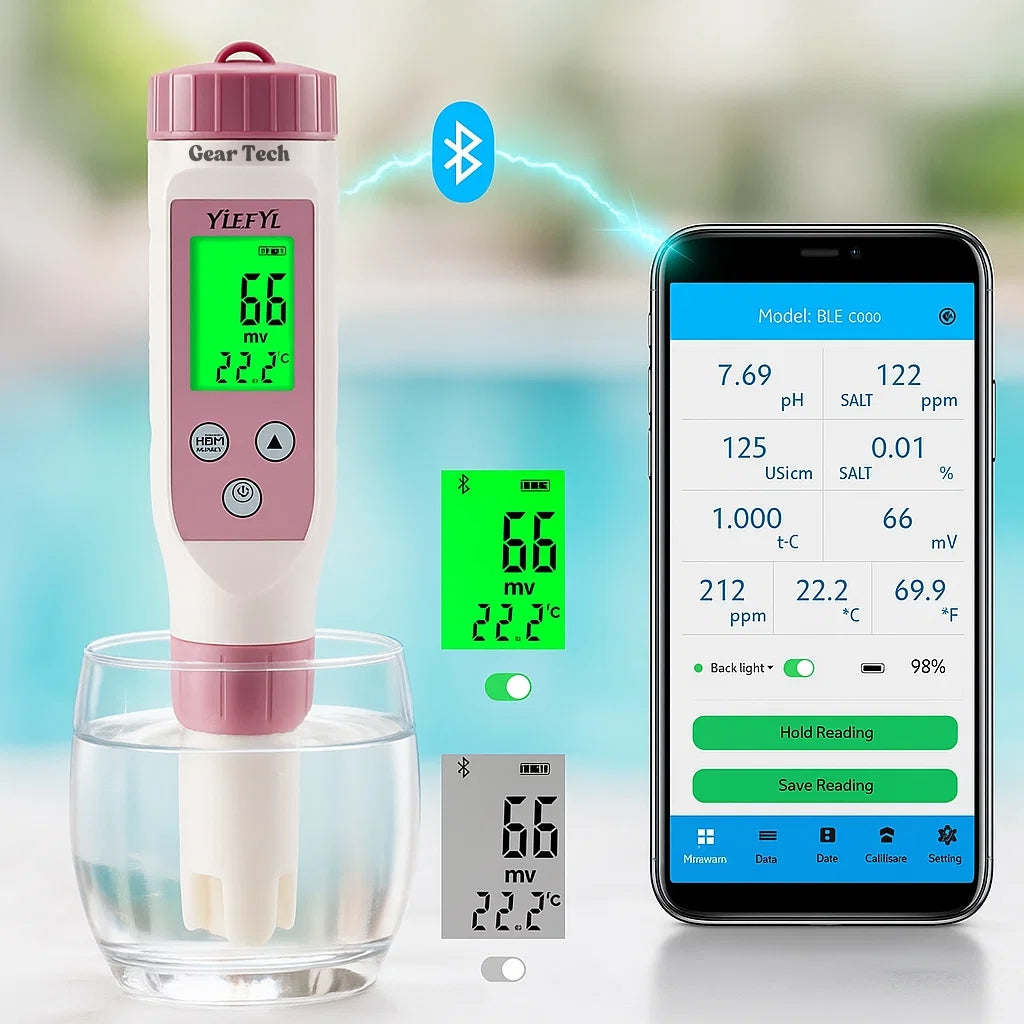 AquaSense 7-in-1-digitaalinen allasveden testeri sovelluksella, pH ja kloori