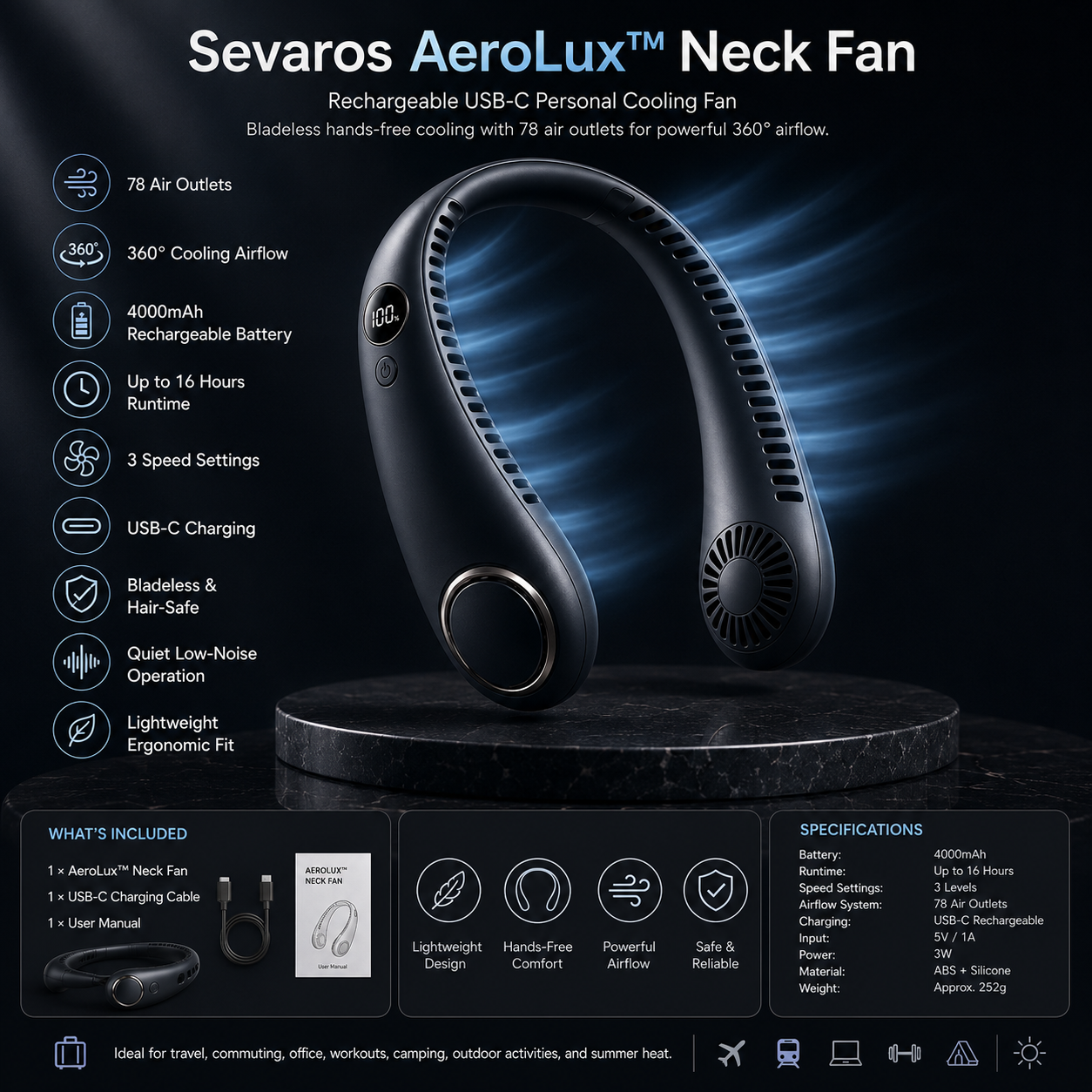 AeroLux Neck Fan Bladeless With Rechargeable USB C Wearable Cooling