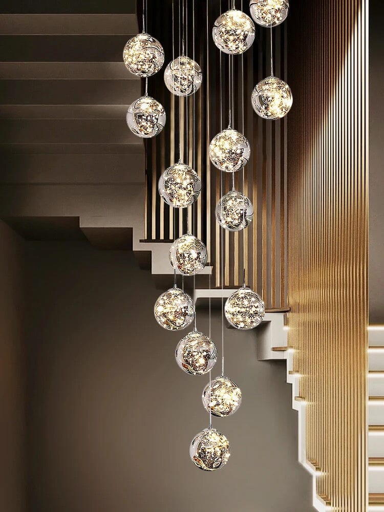LuminaOrb Staircase Chandelier With Glass Orb Cluster, Warm LED Glow