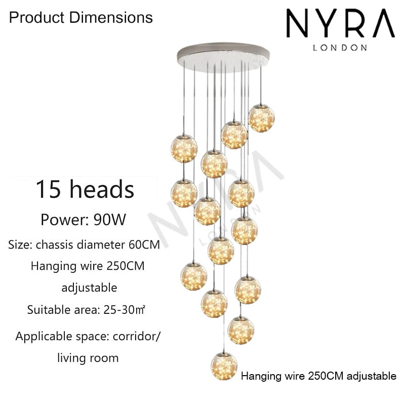 LuminaOrb Staircase Chandelier With Glass Orb Cluster, Warm LED Glow