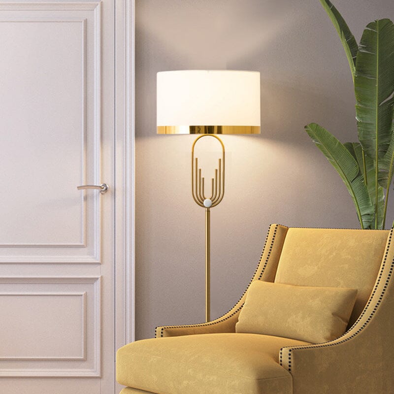 Lampa podłogowa Aurelia Gold w stylu Art Deco, abażur z tkaniny i pilot