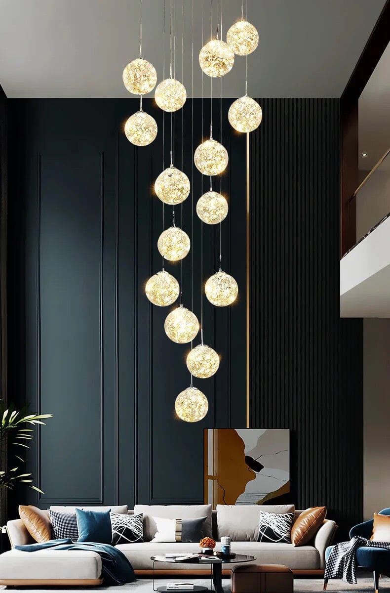 LuminaOrb Staircase Chandelier With Glass Orb Cluster, Warm LED Glow