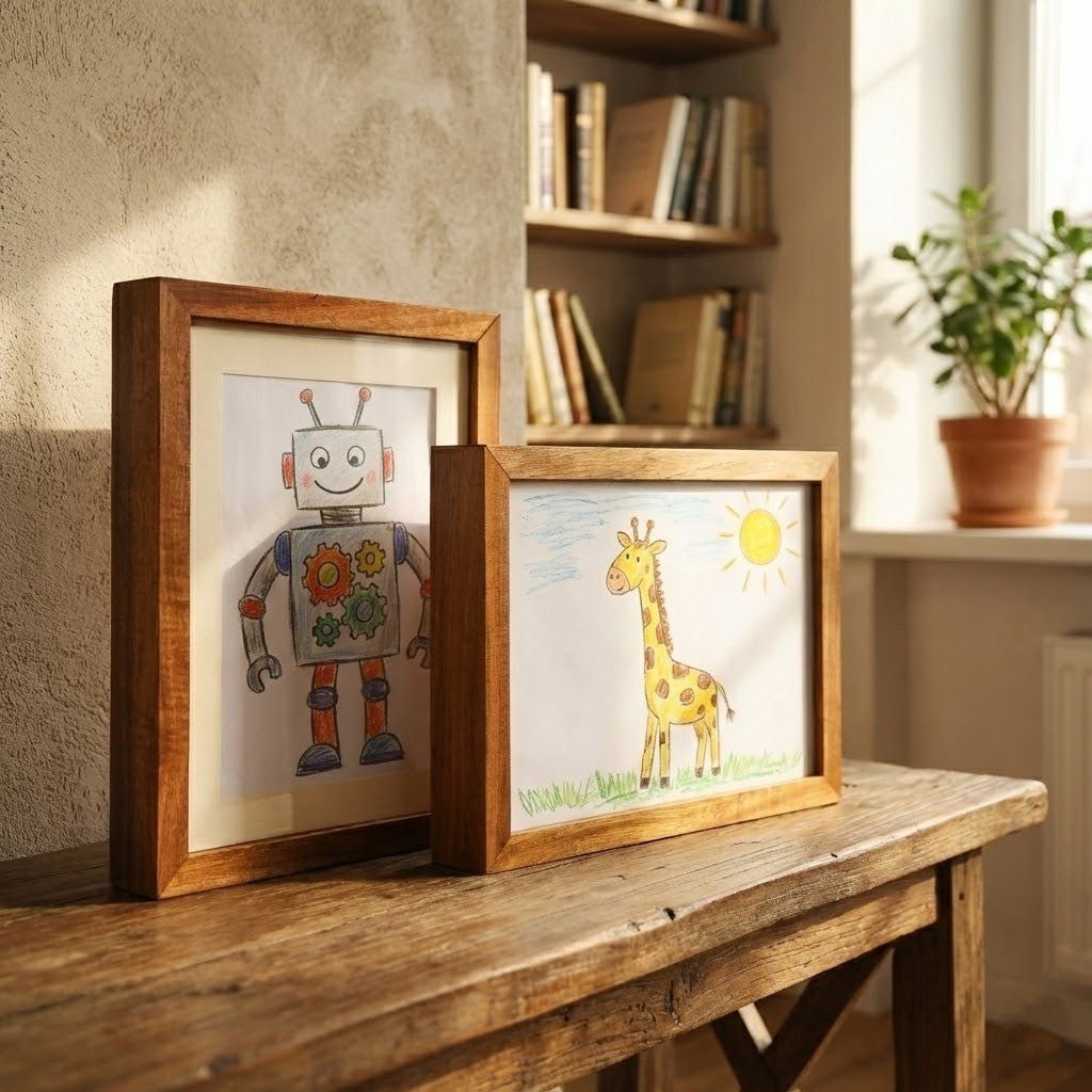Wooden display frame for children's drawings with storage function - Fioriscas