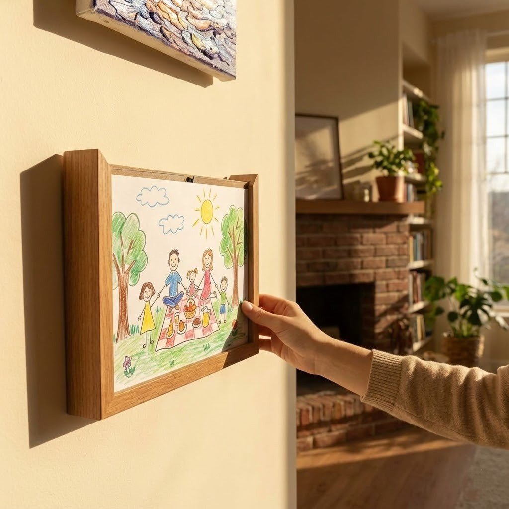 Wooden display frame for children's drawings with storage function - Fioriscas