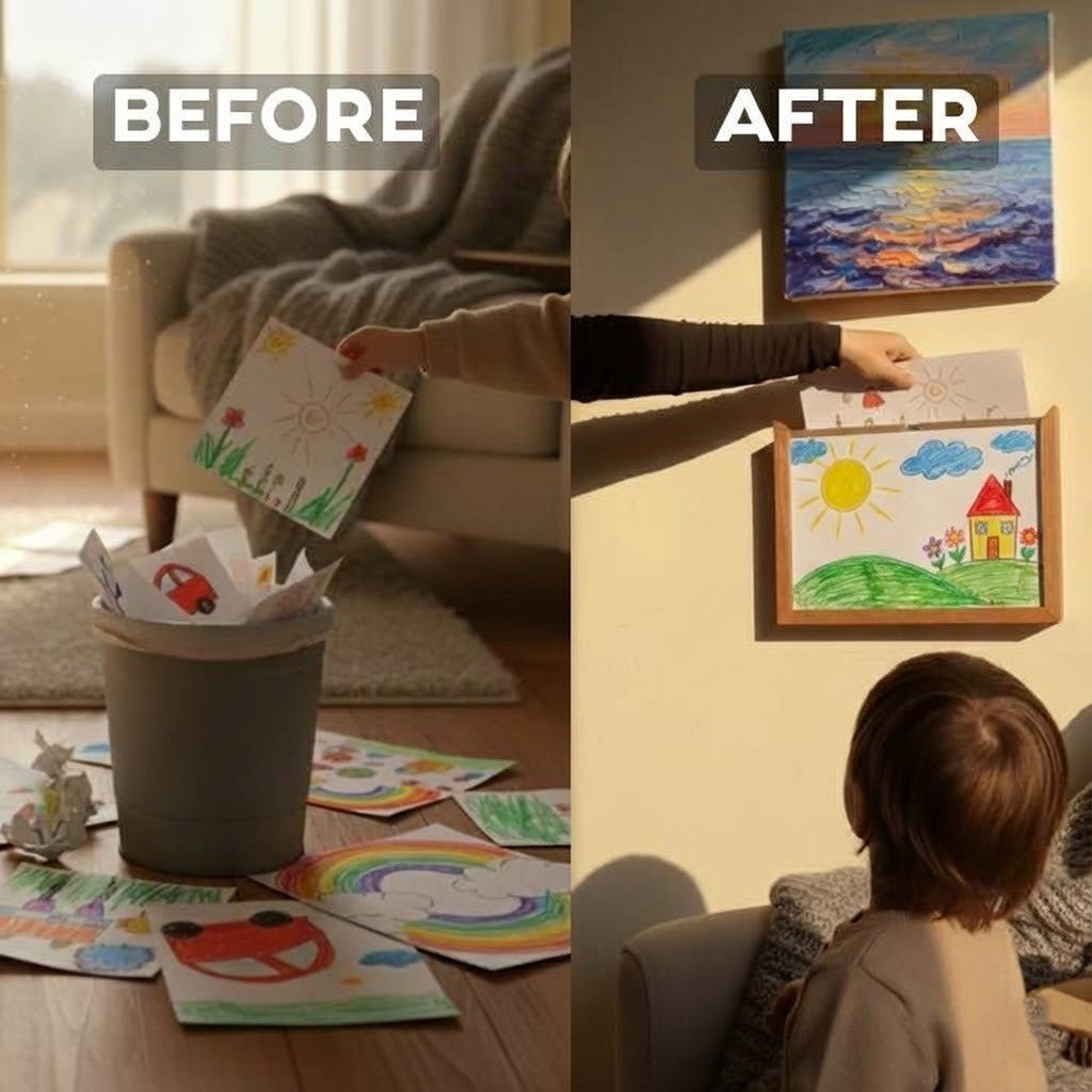 Wooden display frame for children's drawings with storage function - Fioriscas