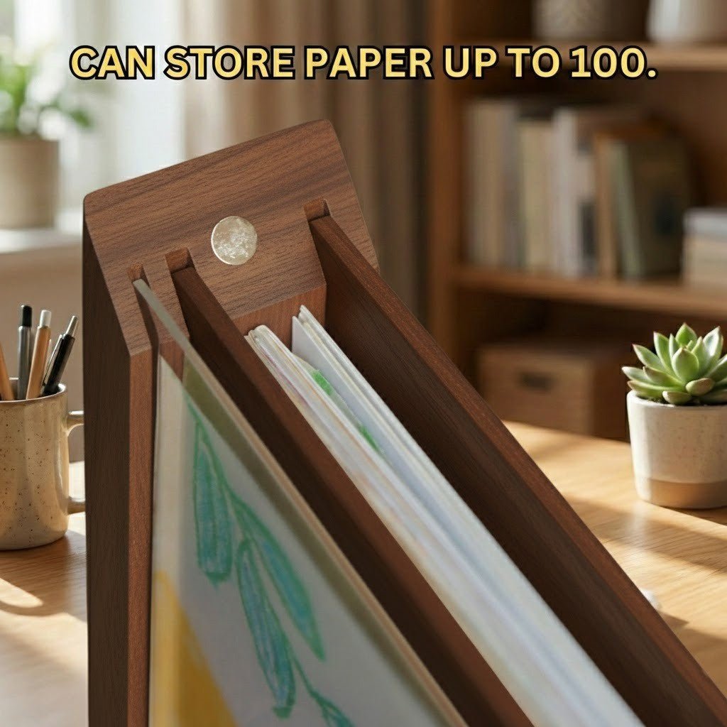 Wooden display frame for children's drawings with storage function - Fioriscas