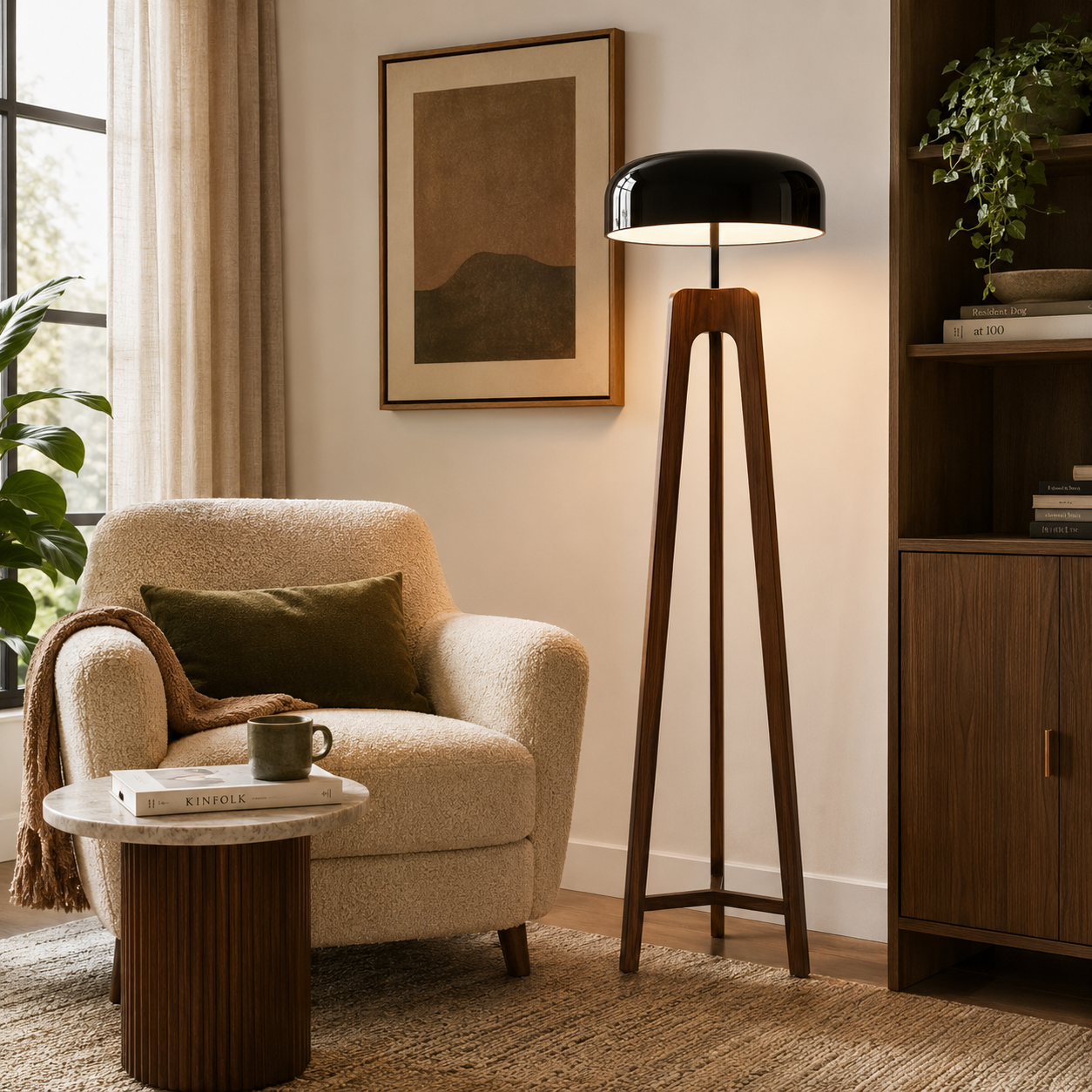Emberwood Modern Wood Tripod Lamp With Black Acrylic Shade
