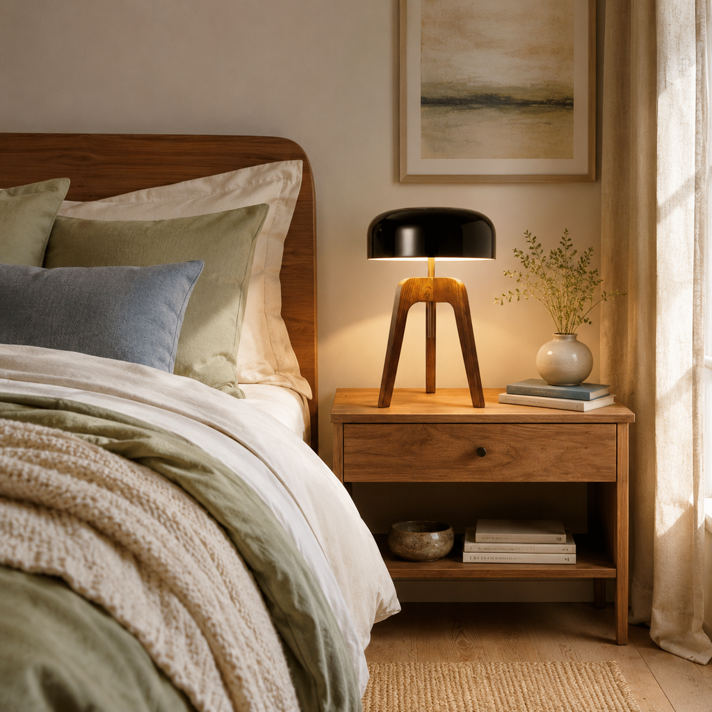 Emberwood Modern Wood Tripod Lamp With Black Acrylic Shade