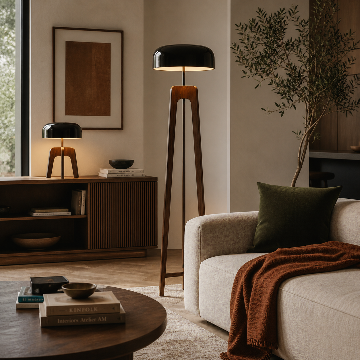 Emberwood Modern Wood Tripod Lamp With Black Acrylic Shade