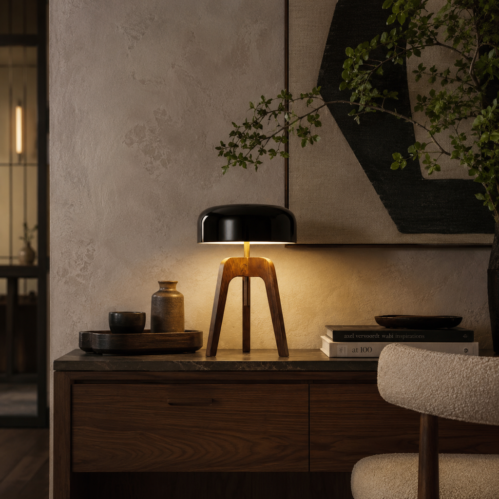 Emberwood Modern Wood Tripod Lamp With Black Acrylic Shade
