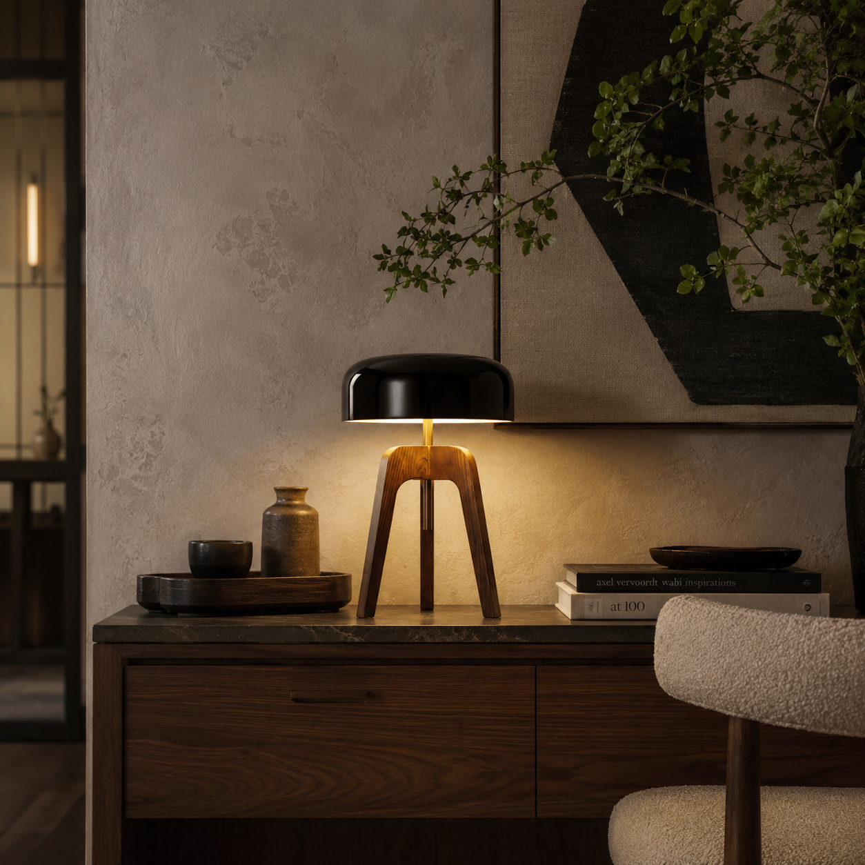 Emberwood Modern Wood Tripod Lamp With Black Acrylic Shade
