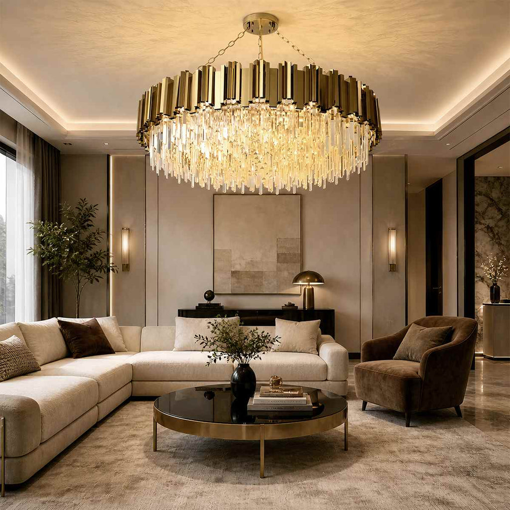 Luminara Cascade Crystal Chandelier In Gold Finish For Dining Rooms