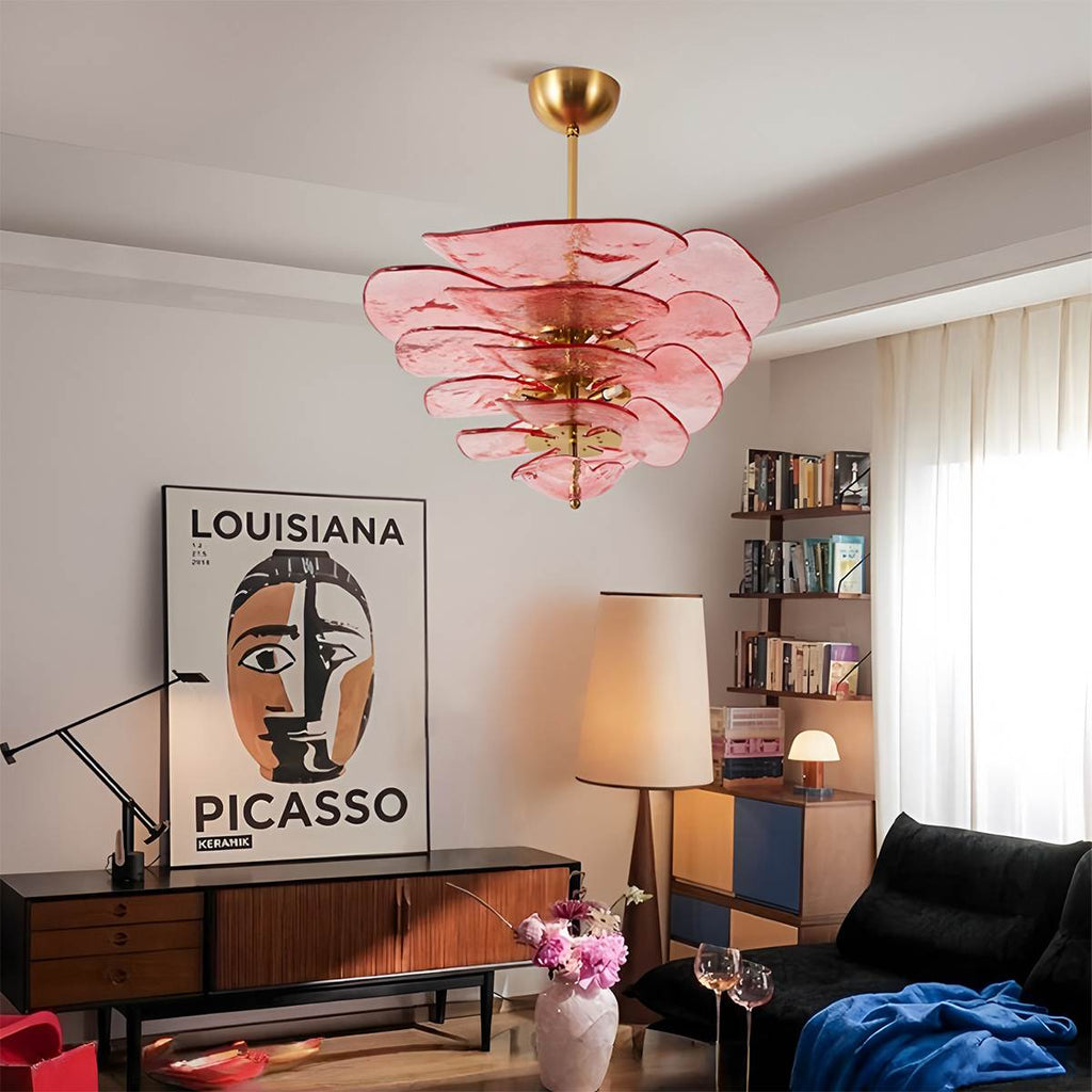 Elegant Emerald Murano Petal Chandelier With Gold Accents