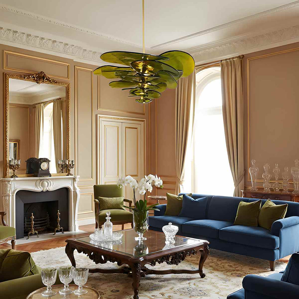Elegant Emerald Murano Petal Chandelier With Gold Accents