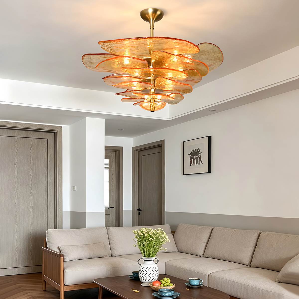Elegant Emerald Murano Petal Chandelier With Gold Accents