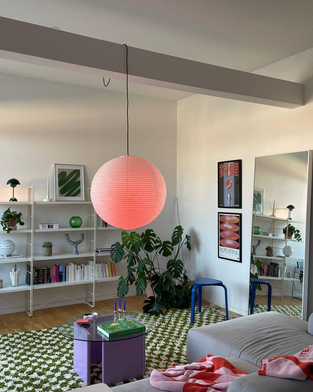 Mid Century Modern Hikari Paper Lantern Pendant Swag Light With Black Cord