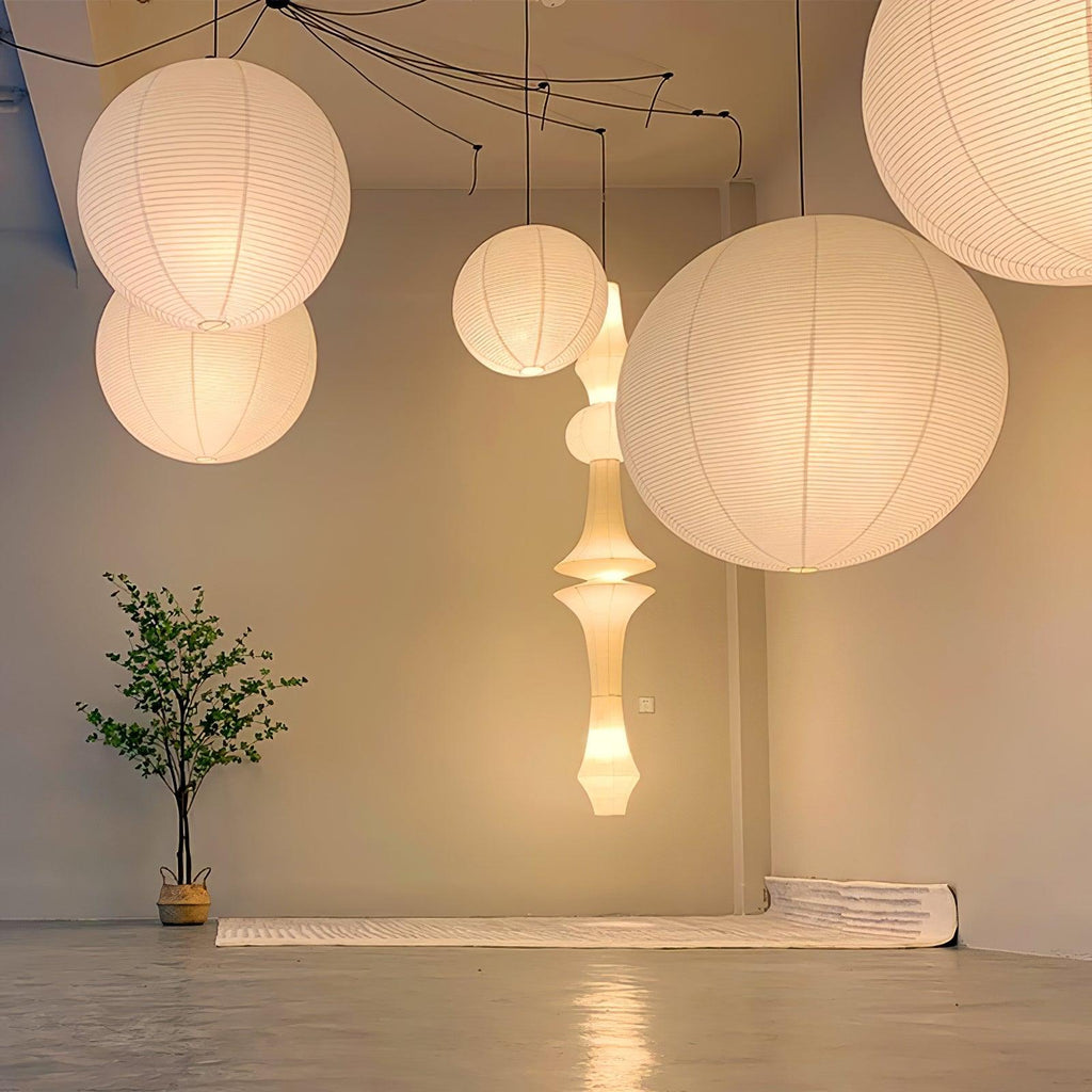 Lumiera Round Paper Lantern Swag Pendant Light White Wire Japanese Inspired Modernist