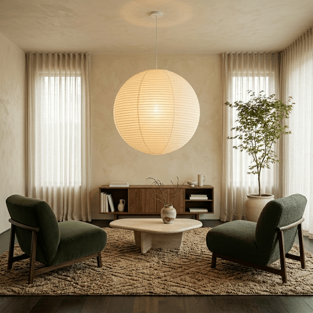 Ember Vale Spherical Pendant Light With Warm Japandi Wabi Sabi Glow
