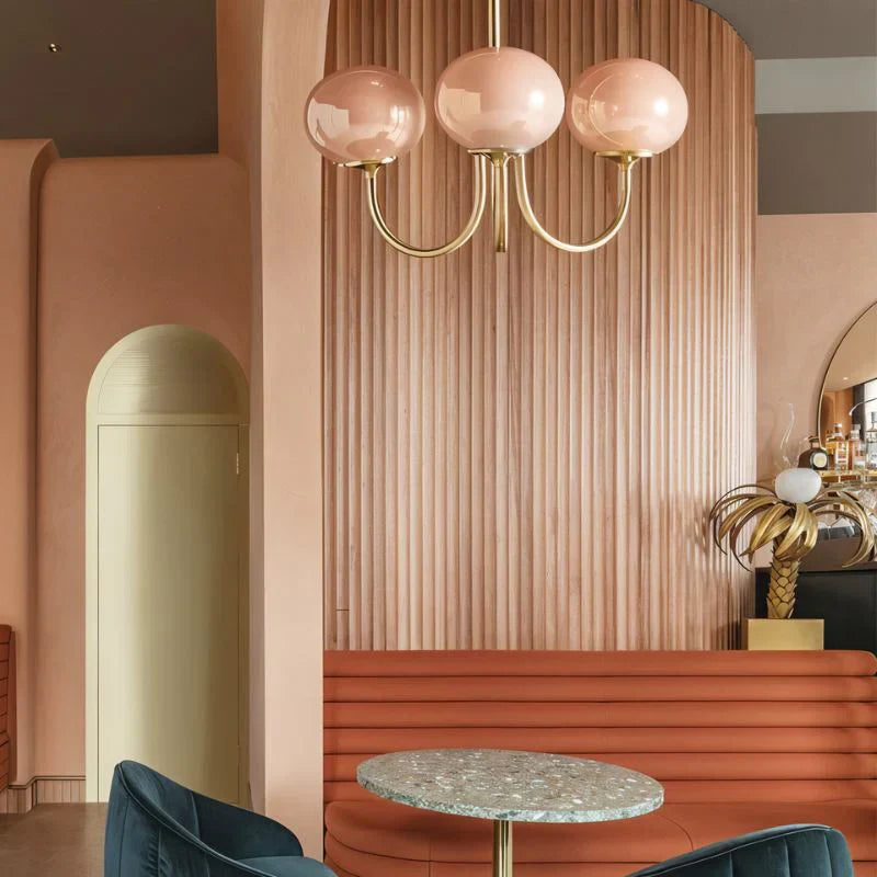 Gold Finish Chandelier With Glass Shades In Peach Pink Or White