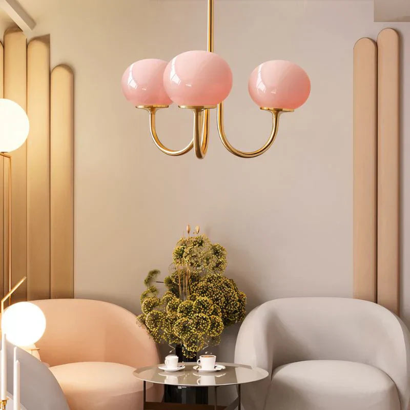 Gold Finish Chandelier With Glass Shades In Peach Pink Or White