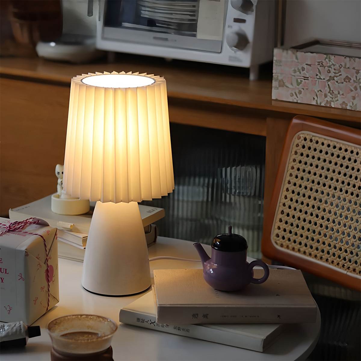 NovaAura Ceramic Table Lamp With Pleated Shade And Mid Century Charm