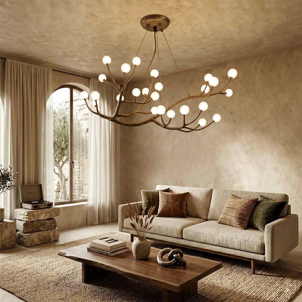 Wood Inspired Aluminum Branch Chandelier With Double Glass Shades