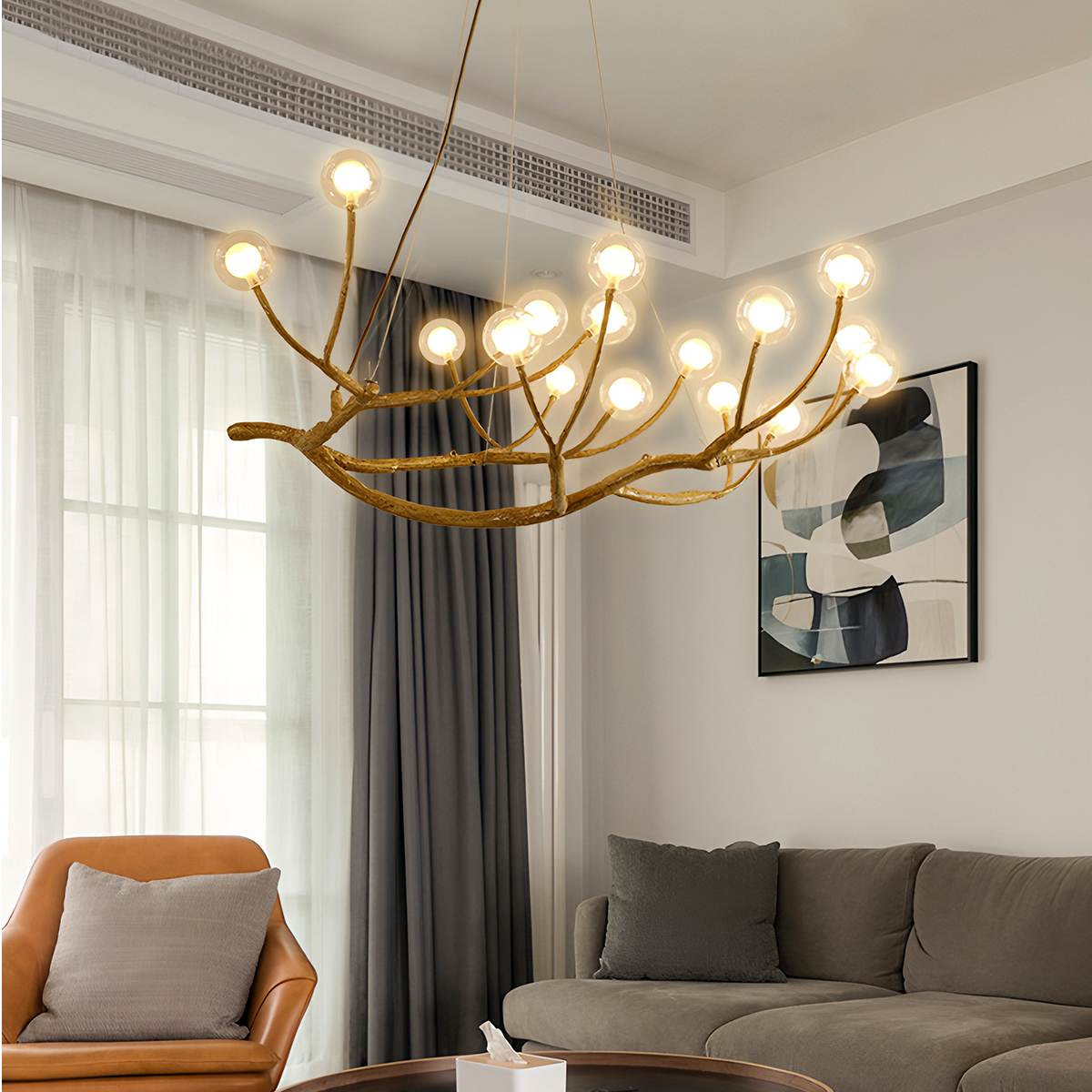 Wood Inspired Aluminum Branch Chandelier With Double Glass Shades