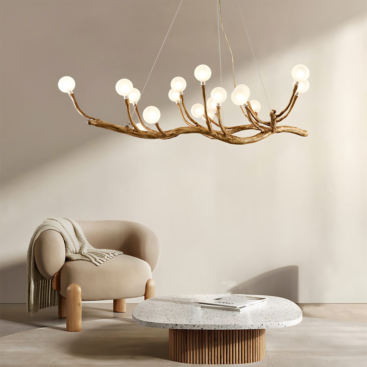 Wood Inspired Aluminum Branch Chandelier With Double Glass Shades