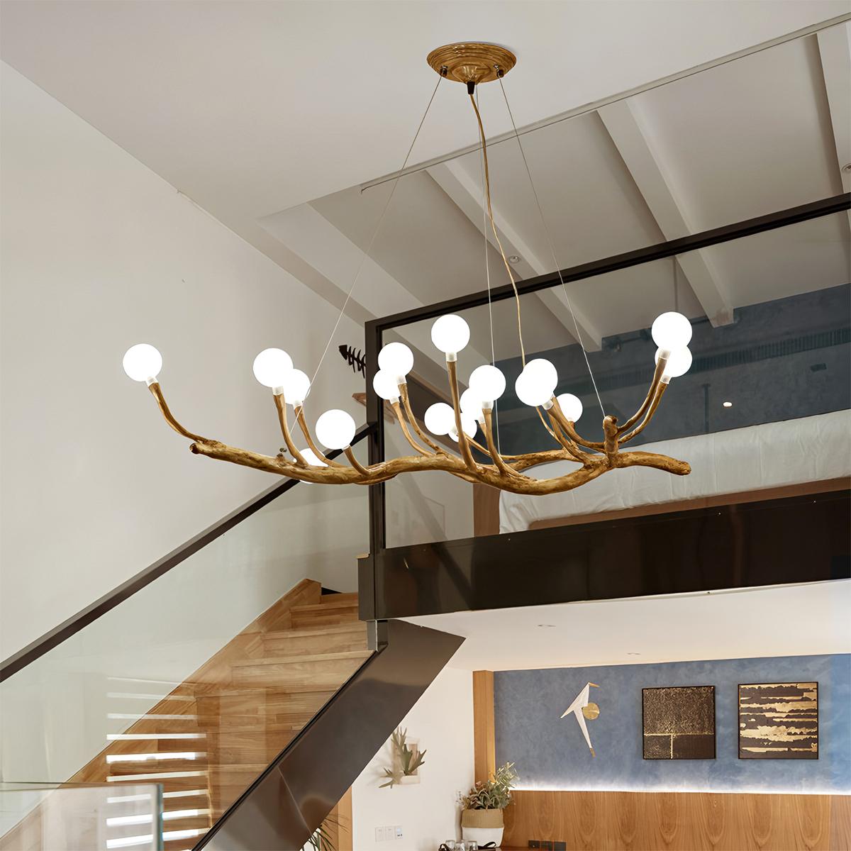 Wood Inspired Aluminum Branch Chandelier With Double Glass Shades
