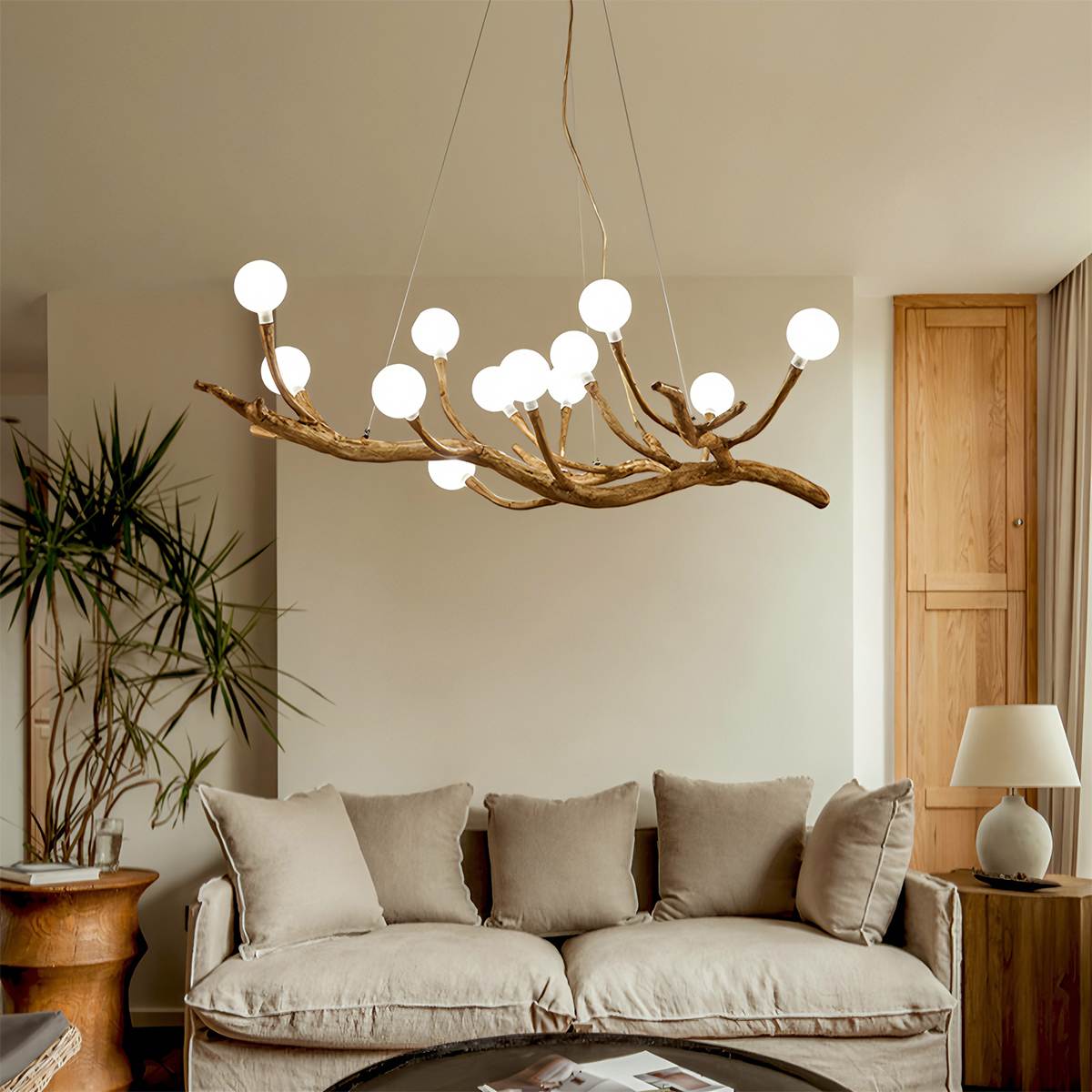 Wood Inspired Aluminum Branch Chandelier With Double Glass Shades