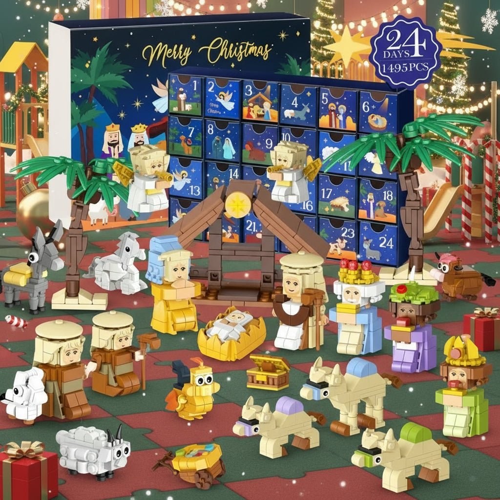 Calendario dell’Avvento creativo fai-da-te con motivo della Natività e 24 blocchi da costruzione per famiglie - Fioriscas