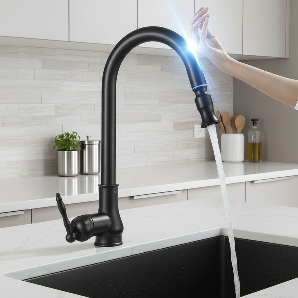 Torneira de cozinha com função de puxar em bronze antigo e sensor tátil - Fioriscas