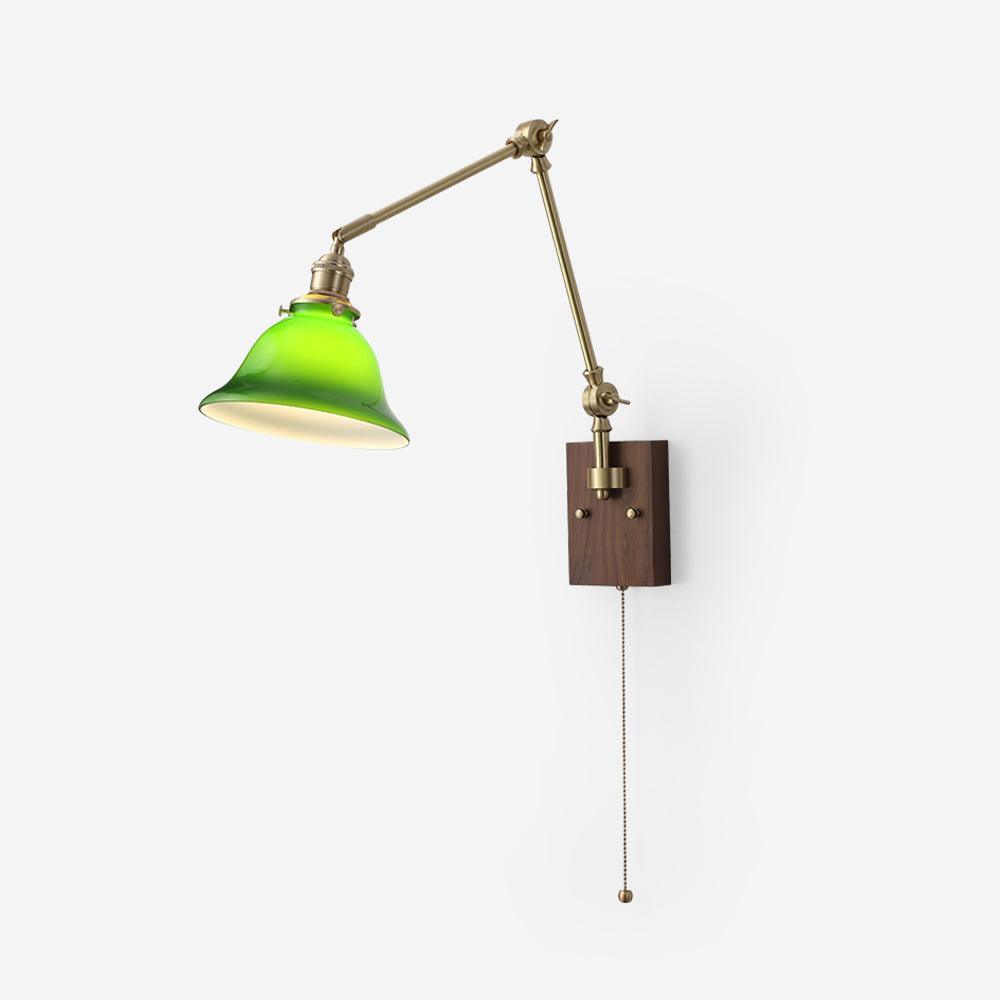 Wall Lamp Brass and Glass Shade Walnut Wood Base Adjustable Arm Vintage | Fioriscas