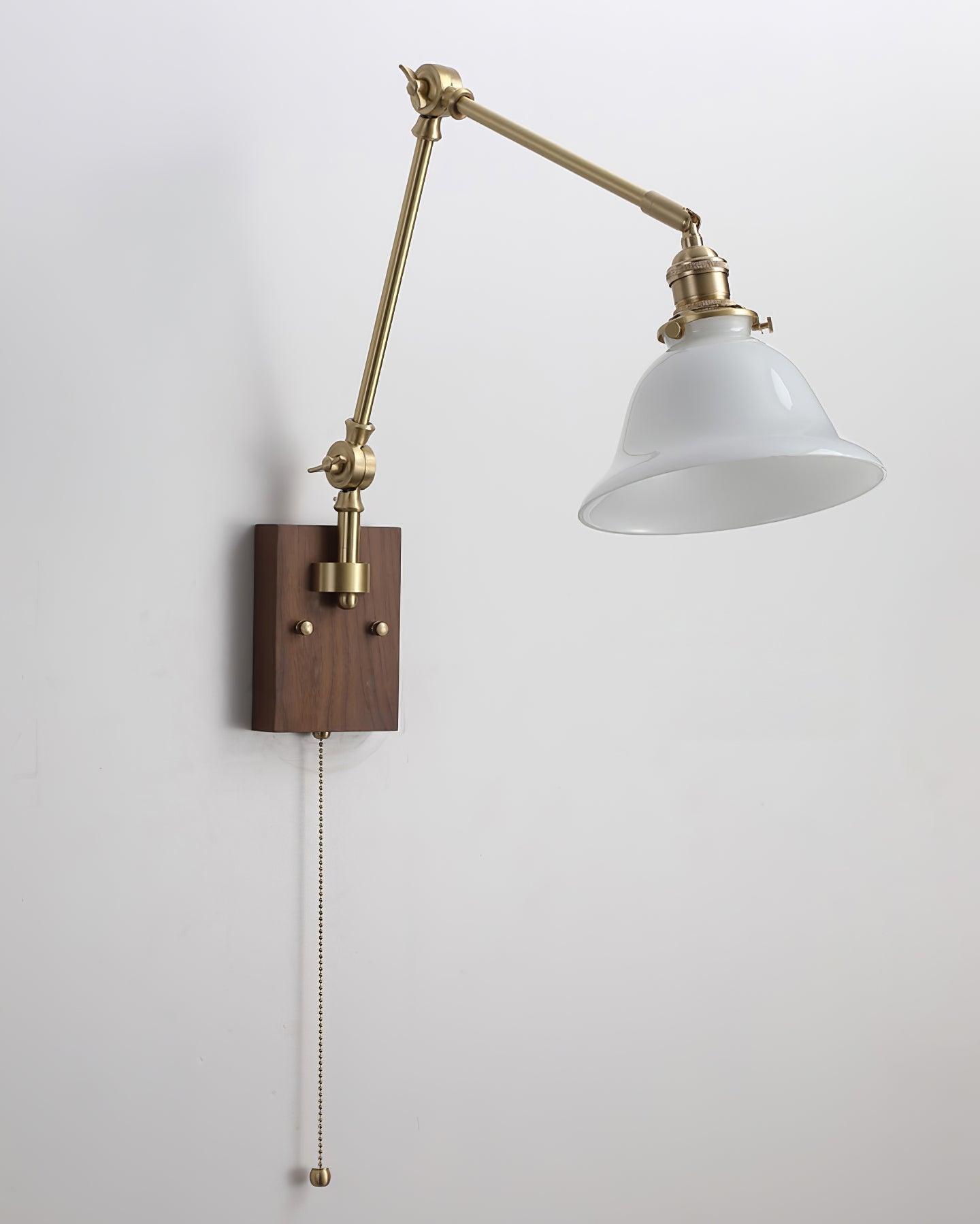 Wall Lamp Brass and Glass Shade Walnut Wood Base Adjustable Arm Vintage | Fioriscas