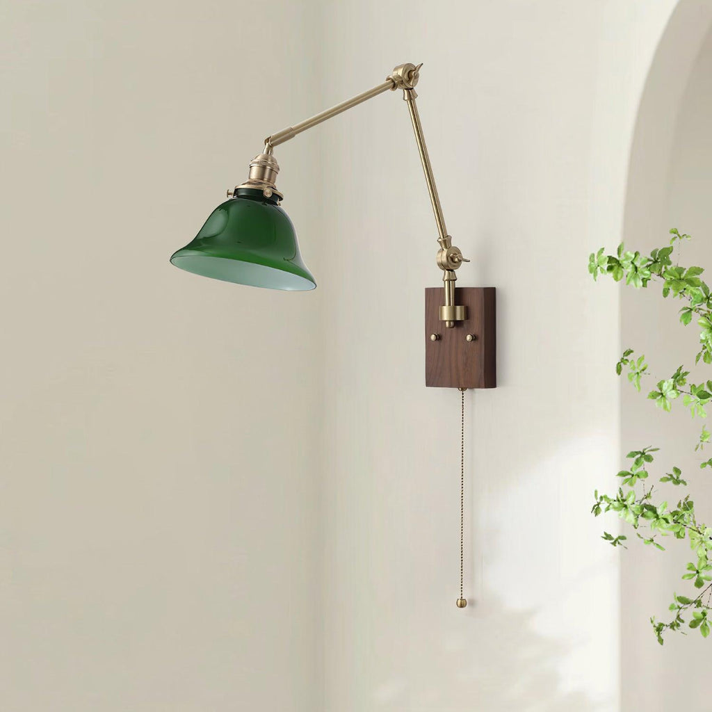 Wall Lamp Brass and Glass Shade Walnut Wood Base Adjustable Arm Vintage | Fioriscas