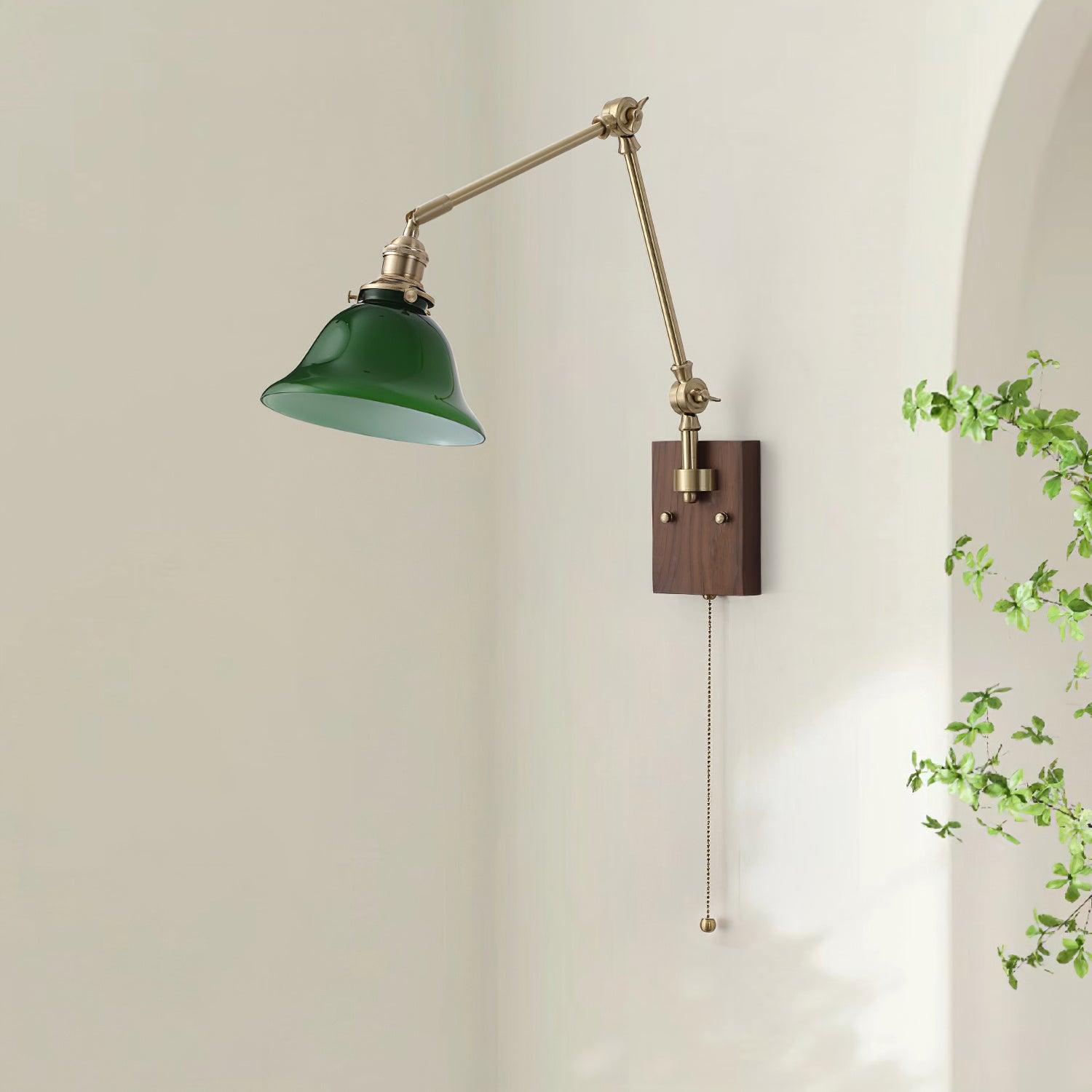 Wall Lamp Brass and Glass Shade Walnut Wood Base Adjustable Arm Vintage | Fioriscas