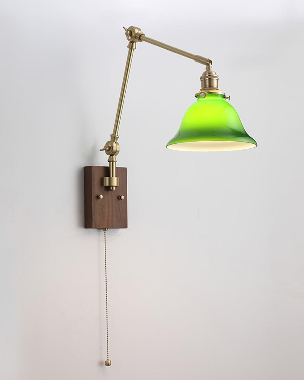 Wall Lamp Brass and Glass Shade Walnut Wood Base Adjustable Arm Vintage | Fioriscas