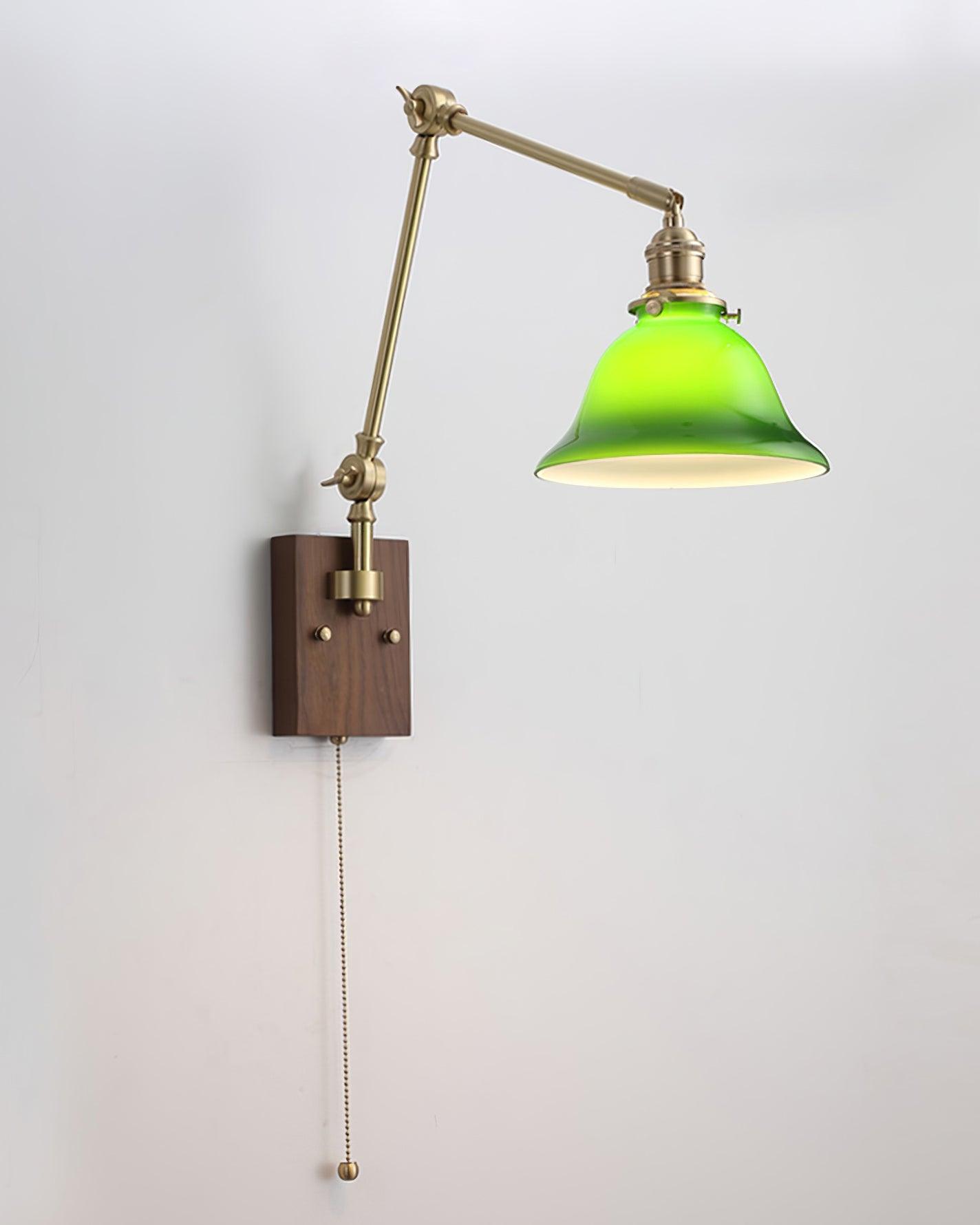 Wall Lamp Brass and Glass Shade Walnut Wood Base Adjustable Arm Vintage | Fioriscas