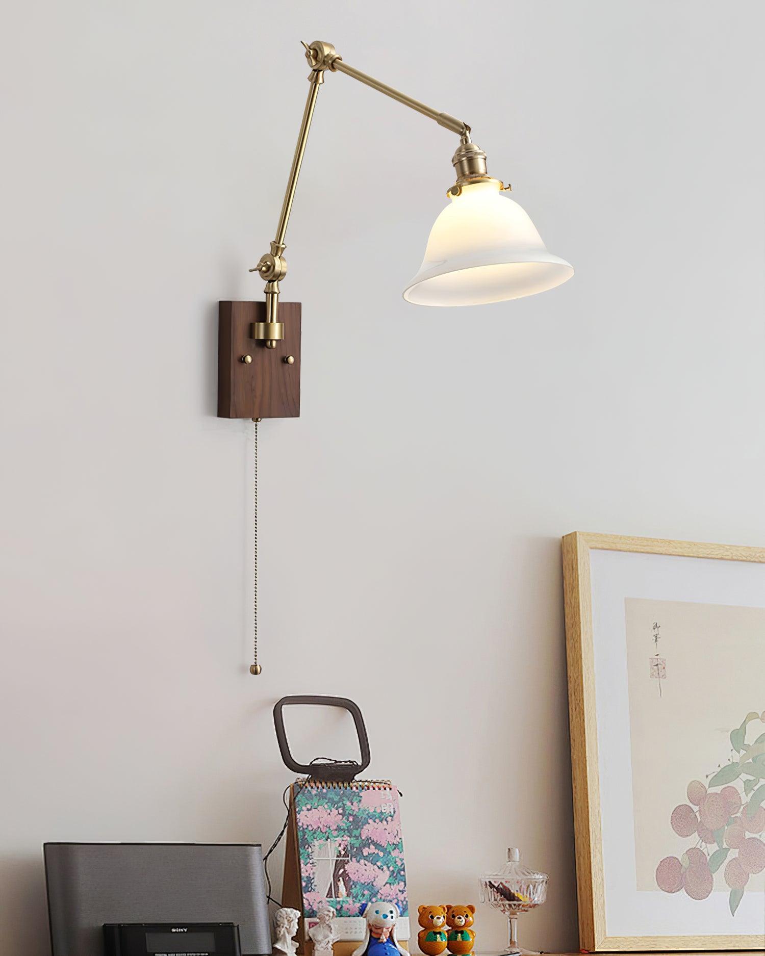 Wall Lamp Brass and Glass Shade Walnut Wood Base Adjustable Arm Vintage | Fioriscas