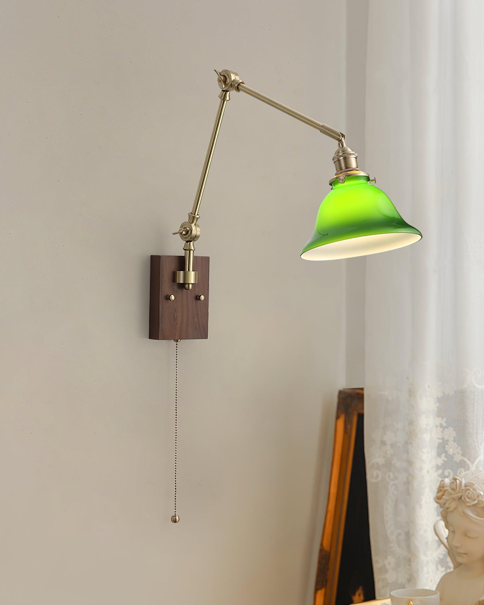 Wall Lamp Brass and Glass Shade Walnut Wood Base Adjustable Arm Vintage | Fioriscas