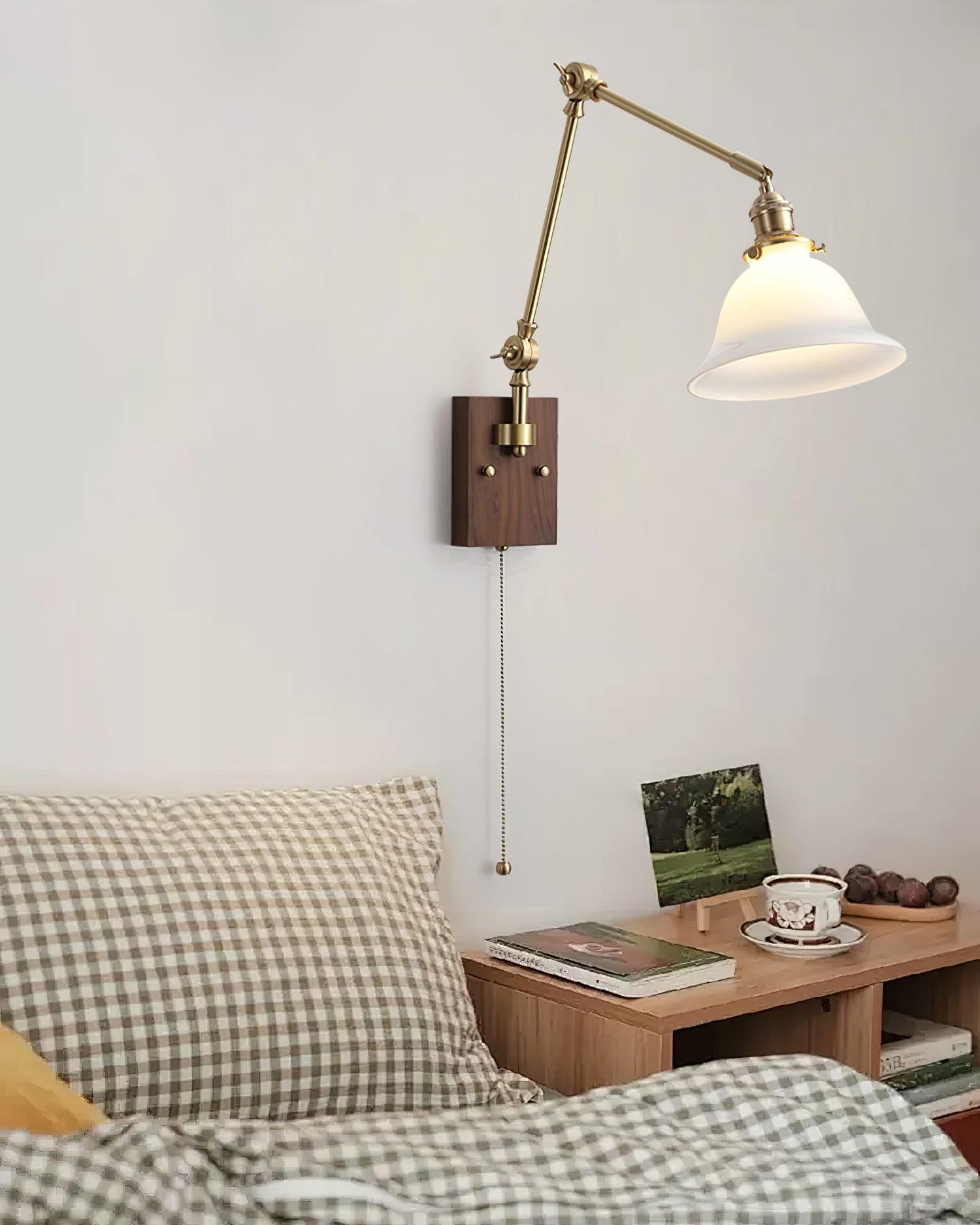Wall Lamp Brass and Glass Shade Walnut Wood Base Adjustable Arm Vintage | Fioriscas