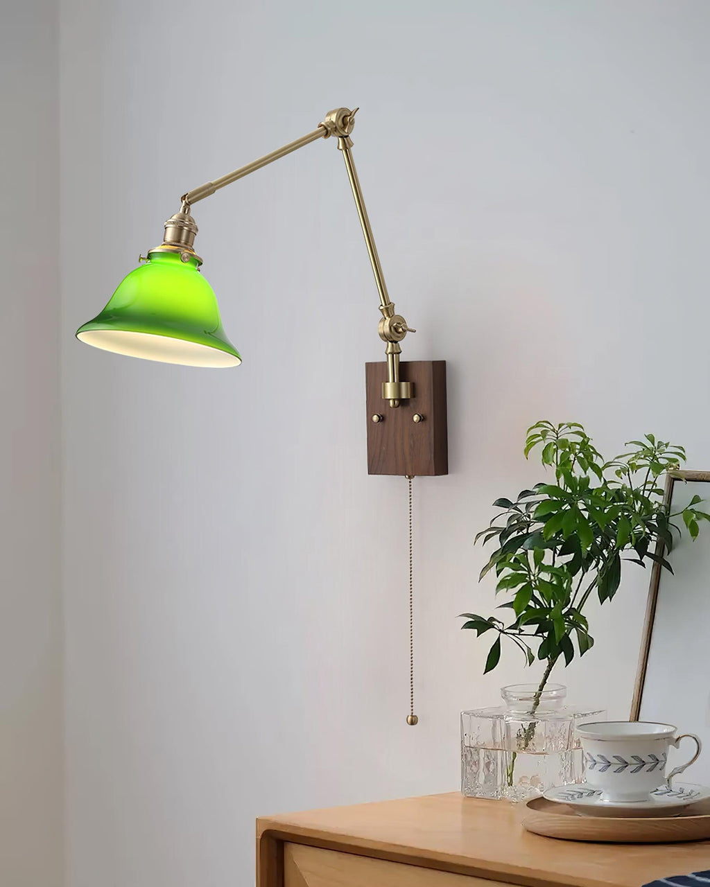 Wall Lamp Brass and Glass Shade Walnut Wood Base Adjustable Arm Vintage | Fioriscas