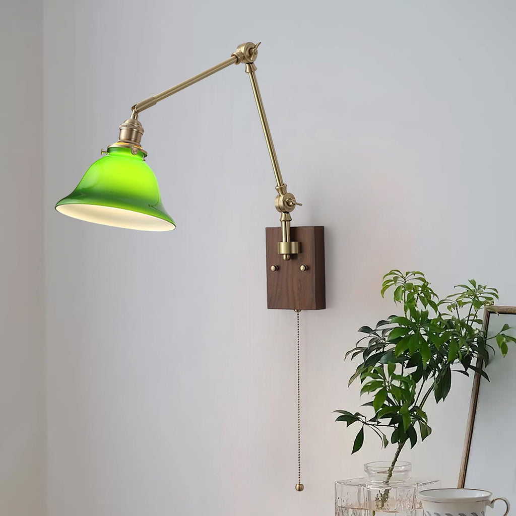 Wall Lamp Brass and Glass Shade Walnut Wood Base Adjustable Arm Vintage | Fioriscas