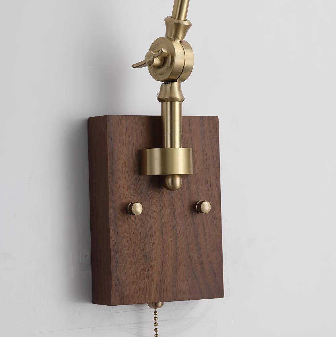 Wall Lamp Brass and Glass Shade Walnut Wood Base Adjustable Arm Vintage | Fioriscas