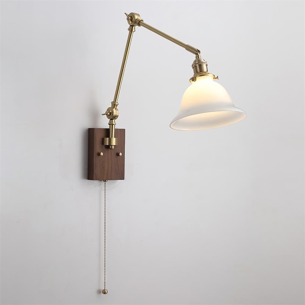 Wall Lamp Brass and Glass Shade Walnut Wood Base Adjustable Arm Vintage | Fioriscas